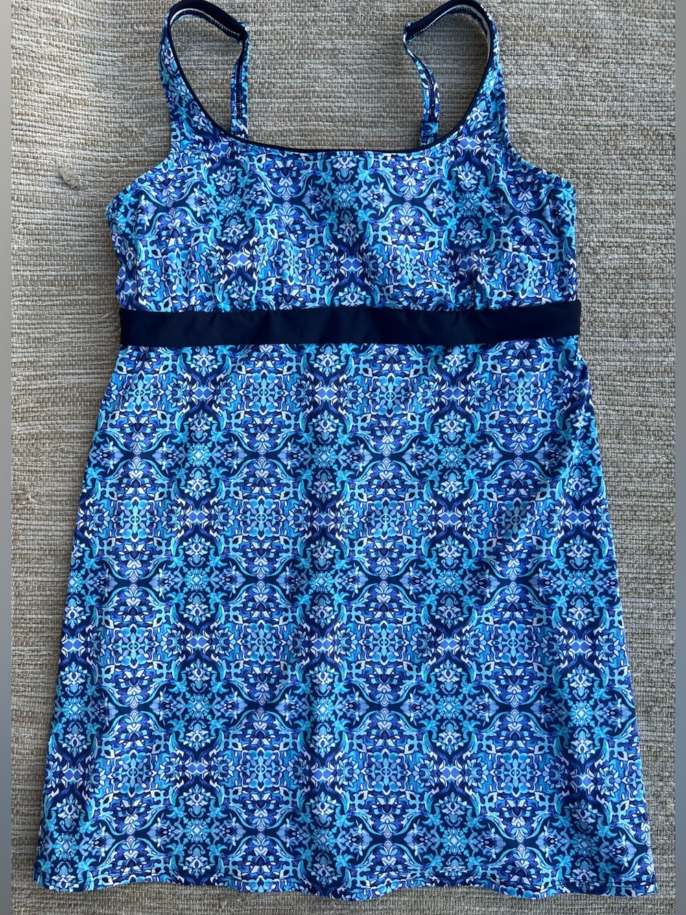 Lands End Floral Blue Moroccan Print Underwire Swim Dress Tankini 16L